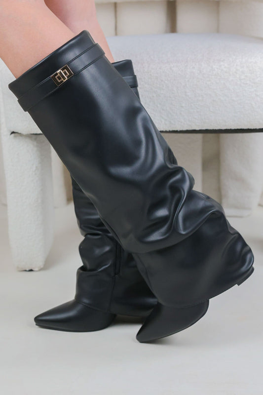 Castelano Shark Boots Slouch - Schwarz Glattleder