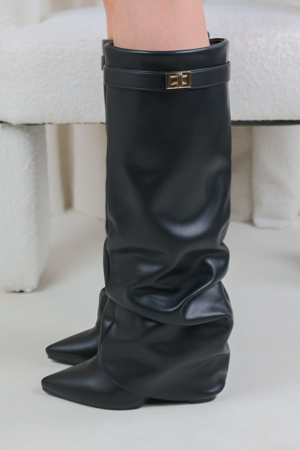 Castelano Shark Boots Slouch - Schwarz Glattleder